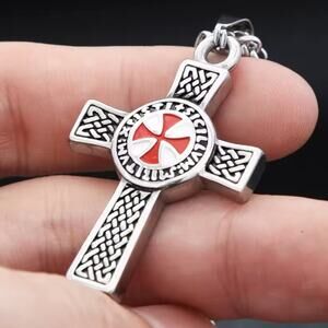 Silver & Red Cross Pendant Necklace Crusader Crusades Men's Christmas Birthday